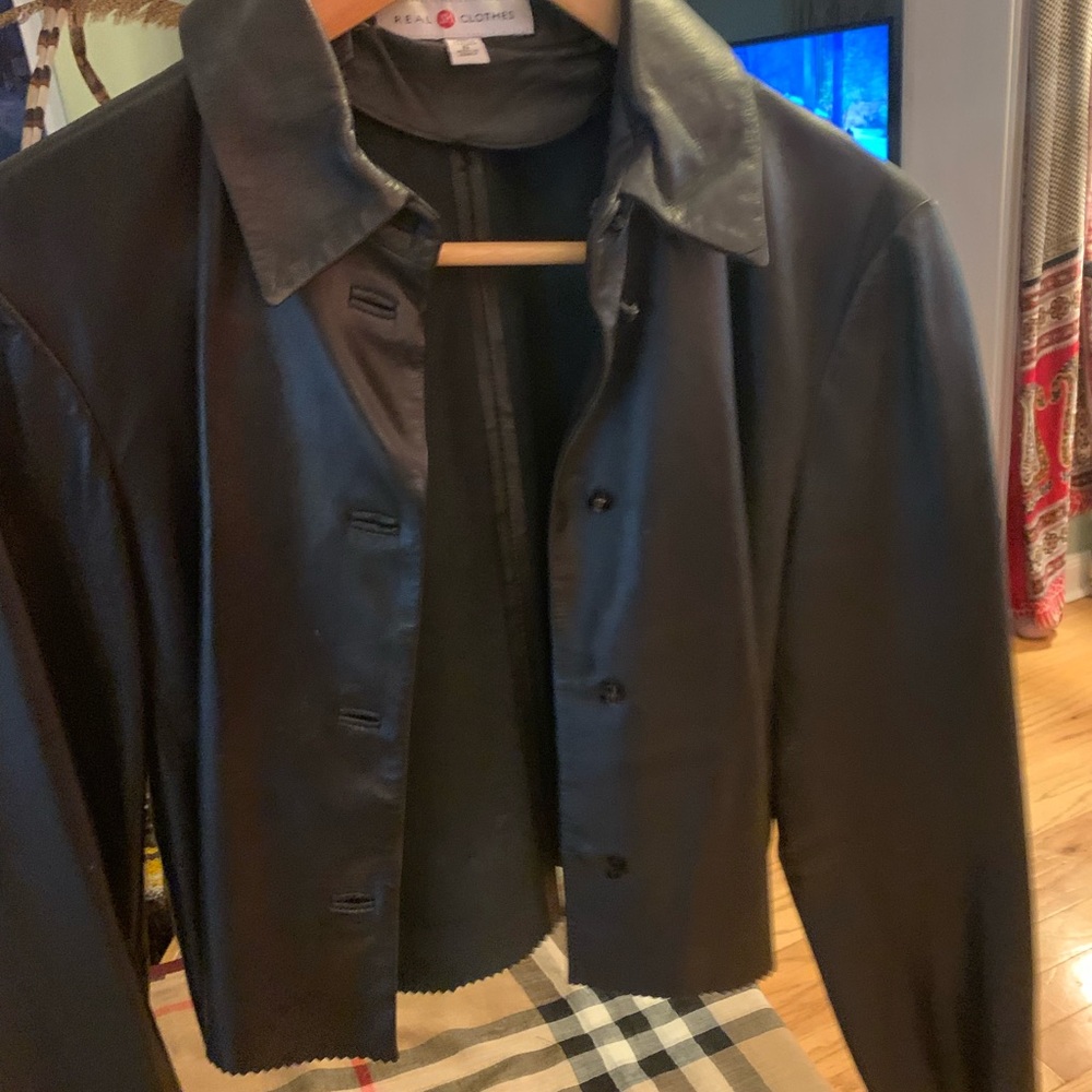 Cropped soft leather shirt/jacket.